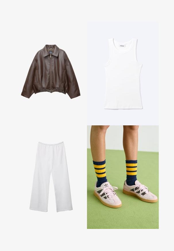 Braune, kurz geschnittene Jacke aus Kunstleder mit weitem Kragen, vorderem Reißverschluss, Seitentaschen und einem Taillengürtel. Glatte Textur, entspannte Passform.; Weißes ärmelloses geripptes Tanktop mit rundem Ausschnitt und einem kleinen Etikett mit der Aufschrift "WEEKDAY" innen im Kragen.; Weiße Hosen mit weitem Bein, elastischem Bund und vorderer Kordelzug, mit Seitentaschen, für legere Trageweise entworfen.; Helle rosa Wildledersneaker mit schwarzen Streifen und Gummisohlen, kombiniert mit navyblauen und gelben gestreiften Rippsocken. Grüner strukturierter Boden.