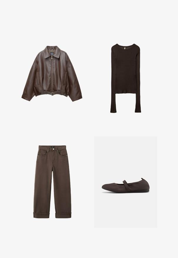 Veste courte en similicuir marron avec un large col, une fermeture éclair frontale, des poches latérales et une taille ceinturée. Texture lisse, coupe décontractée.; Haut ajusté à manches longues en tissu marron foncé. Encolure ronde, texture lisse et manches légèrement allongées sans poignets.; Jean marron taille haute à jambe droite avec poches avant, passants de ceinture, fermeture par bouton et ourlets retroussés.; Ballerine marron avec bride élastique et bout arrondi, présentée sur fond blanc, vue de côté.