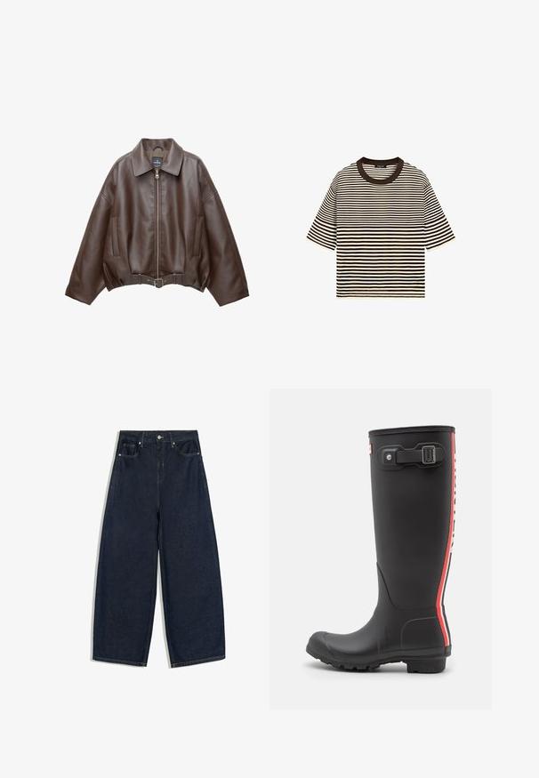 Veste courte en similicuir marron avec un large col, une fermeture éclair frontale, des poches latérales et une taille ceinturée. Texture lisse, coupe décontractée.; T-shirt à manches courtes à rayures horizontales noires et blanches avec un col rond noir, posé à plat sur fond blanc.; Jean en denim bleu foncé à jambes larges avec bouton devant et poches, présenté à plat sur fond blanc.; Botte de pluie en caoutchouc noir avec surface texturée, design haut, rayures verticales rouges et blanches, sangle ajustable et détail de boucle.