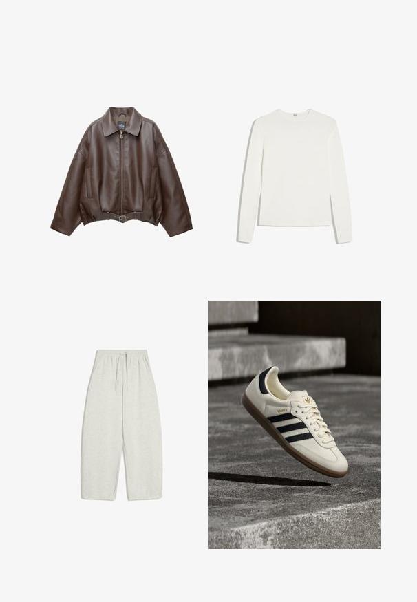 Veste courte en similicuir marron avec un large col, une fermeture éclair frontale, des poches latérales et une taille ceinturée. Texture lisse, coupe décontractée.; T-shirt blanc uni à manches longues avec col rond et coupe ajustée, posé à plat sur un fond blanc.; Pantalon de survêtement gris clair, à taille large, confectionné dans un mélange de coton doux, avec une ceinture élastique munie d'un cordon ajustable et des poches latérales.; Baskets blanches Adidas Samba avec des bandes noires et une semelle en gomme, flottant au-dessus de marches en béton gris texturé.