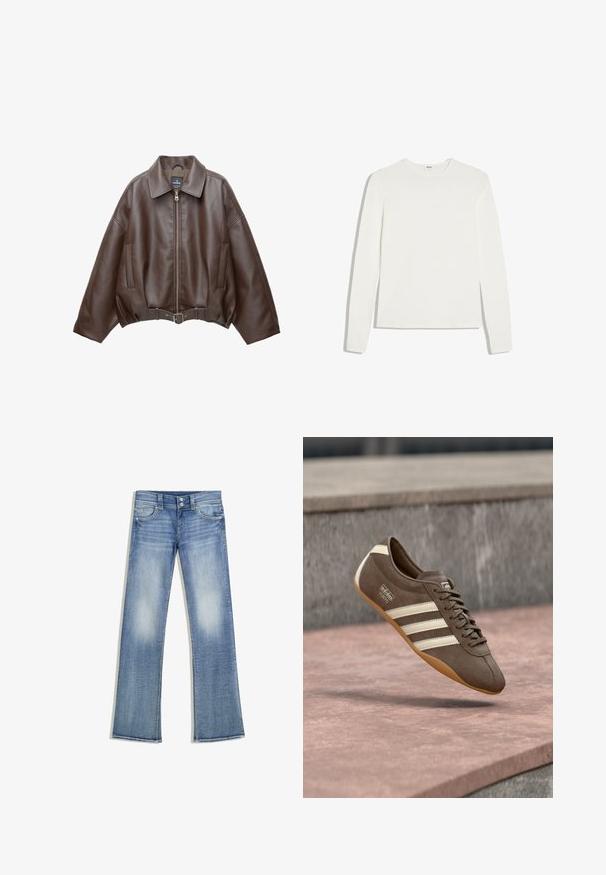 Bruine jack van imitatieleer, kort model, met een brede kraag, ritssluiting aan de voorkant, zijzakken en een tailleband met ceintuur. Gladde textuur, ontspannen pasvorm.; Effen wit shirt met lange mouwen en ronde hals, slim fit, plat gelegd op een witte achtergrond.; Lichtblauwe bootcut-spijkerbroek met een vervaagde wassing, vijf zakken, riemlussen en dubbele knoopsluiting, plat neergelegd op een witte achtergrond.; Bruine suède sneaker met witte strepen en merklogo's, voorzien van een ronde neus en een zool van tandgumrubber, zwevend boven een getextureerd oppervlak.
