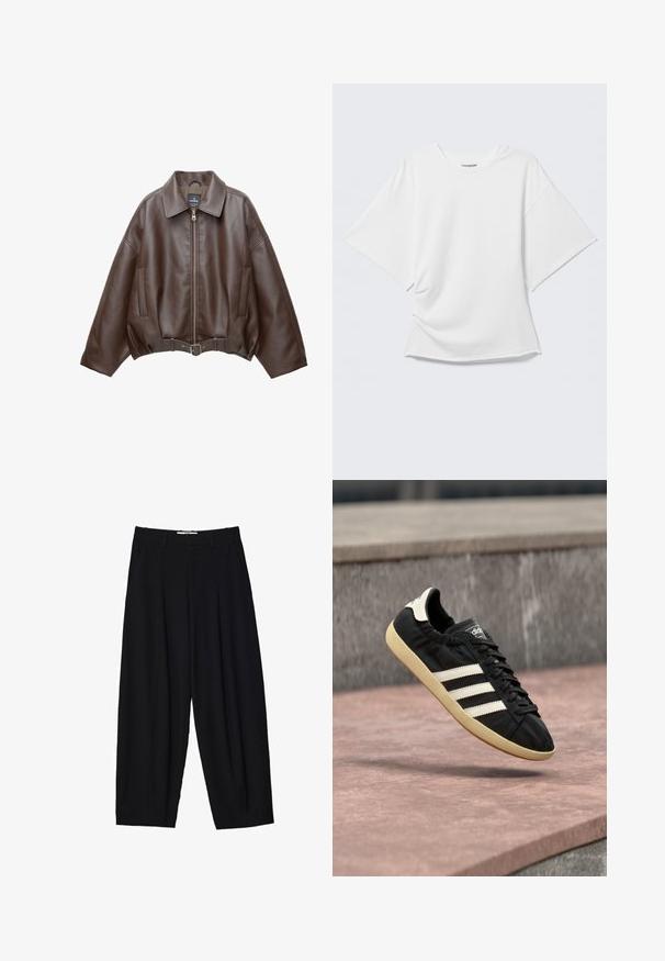 Veste courte en similicuir marron avec un large col, une fermeture éclair frontale, des poches latérales et une taille ceinturée. Texture lisse, coupe décontractée.; T-shirt blanc oversize à manches courtes avec col rond présenté sur un fond gris clair.; Pantalons larges noirs en tissu léger, avec des plis avant, une taille classique et des poches latérales. Texture douce.; Baskets Adidas noires avec des bandes blanches et une semelle beige, capturées en plein air au-dessus d'une surface en pierre et d'un mur en pierre en arrière-plan.