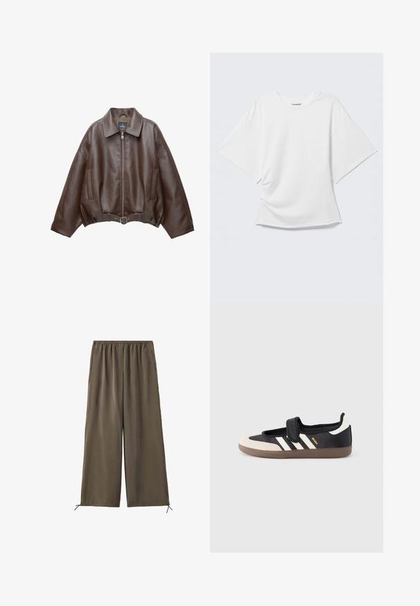 Veste courte en similicuir marron avec un large col, une fermeture éclair frontale, des poches latérales et une taille ceinturée. Texture lisse, coupe décontractée.; T-shirt blanc oversize à manches courtes avec col rond présenté sur un fond gris clair.; Pantalon vert olive ample avec taille élastique et cordons au bas, présenté à plat sur fond blanc.; Baskets noires et beiges avec une bride en velcro, trois bandes blanches sur le côté, et une semelle en caoutchouc marron texturée. Logo de la marque visible.