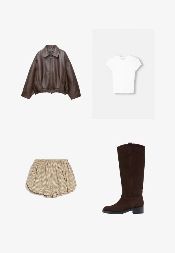 Veste courte en similicuir marron avec un large col, une fermeture éclair frontale, des poches latérales et une taille ceinturée. Texture lisse, coupe décontractée.; T-shirt blanc à manches courtes en coton doux, avec un col rond et une coupe ajustée. Pas de motifs ni d'ornements visibles.; Culottes à taille élastique beige et noire à carreaux, avec un tissu froncé et volumineux et une silhouette arrondie en forme de ballon sur fond blanc.; Botte haute en daim marron foncé avec un petit talon empilé et un bout arrondi, équipée d'une lanière au sommet de la tige.