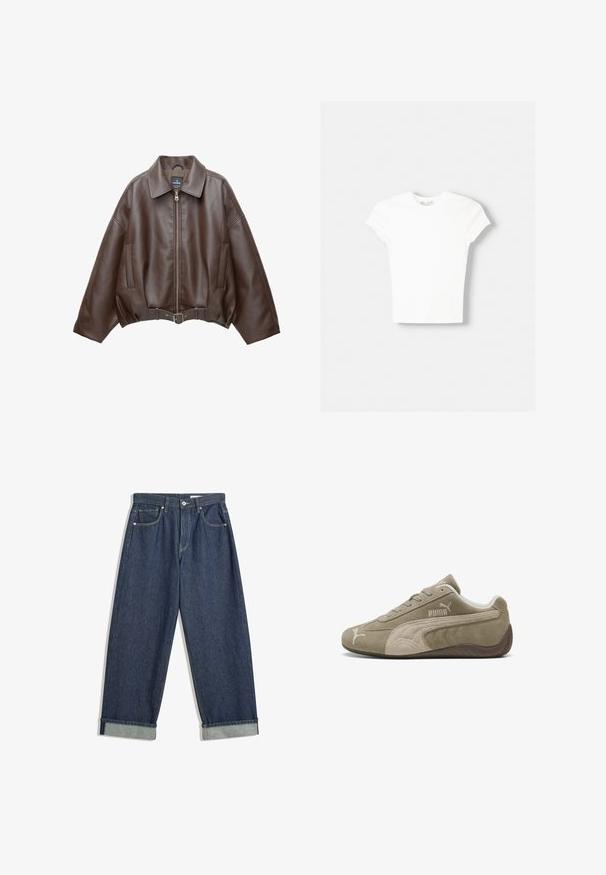 Veste courte en similicuir marron avec un large col, une fermeture éclair frontale, des poches latérales et une taille ceinturée. Texture lisse, coupe décontractée.; T-shirt blanc à manches courtes en coton doux, avec un col rond et une coupe ajustée. Pas de motifs ni d'ornements visibles.; Jean en denim bleu foncé à jambes larges avec des ourlets repliés, bouton et fermeture éclair à l'avant, passants de ceinture et cinq poches.; Baskets en daim marron clair avec des accents plus foncés, présentant un design bas, un système de laçage et un logo de marque sur le côté.