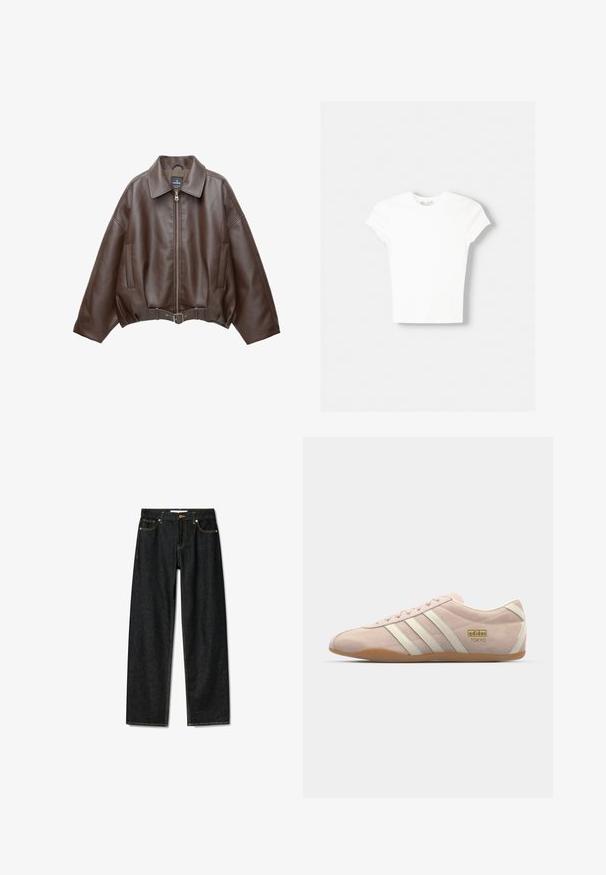 Braune, kurz geschnittene Jacke aus Kunstleder mit weitem Kragen, vorderem Reißverschluss, Seitentaschen und einem Taillengürtel. Glatte Textur, entspannte Passform.; Weißes kurzärmliges T-Shirt aus weicher Baumwolle, mit Rundhalsausschnitt und figurbetonter Form. Keine sichtbaren Muster oder Verzierungen.; Dunkelblaue Jeans mit geradem Schnitt, Messingknopfverschluss und kontrastierenden gelben Nähten. Verfügt über fünf Taschen und eine klassische Passform.; adidas Originals TOKYO - Sneaker low - quartz/off white