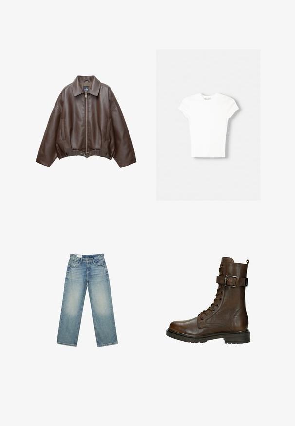 Veste courte en similicuir marron avec un large col, une fermeture éclair frontale, des poches latérales et une taille ceinturée. Texture lisse, coupe décontractée.; T-shirt blanc à manches courtes en coton doux, avec un col rond et une coupe ajustée. Pas de motifs ni d'ornements visibles.; Jean en denim bleu clair à coupe droite avec poches avant, passants pour ceinture et fermeture par bouton, présenté sur un fond blanc.; Bottines en cuir marron à lacets, avec une boucle sur le côté, bout rond, semelle robuste et détails de couture pour ajouter de la texture.