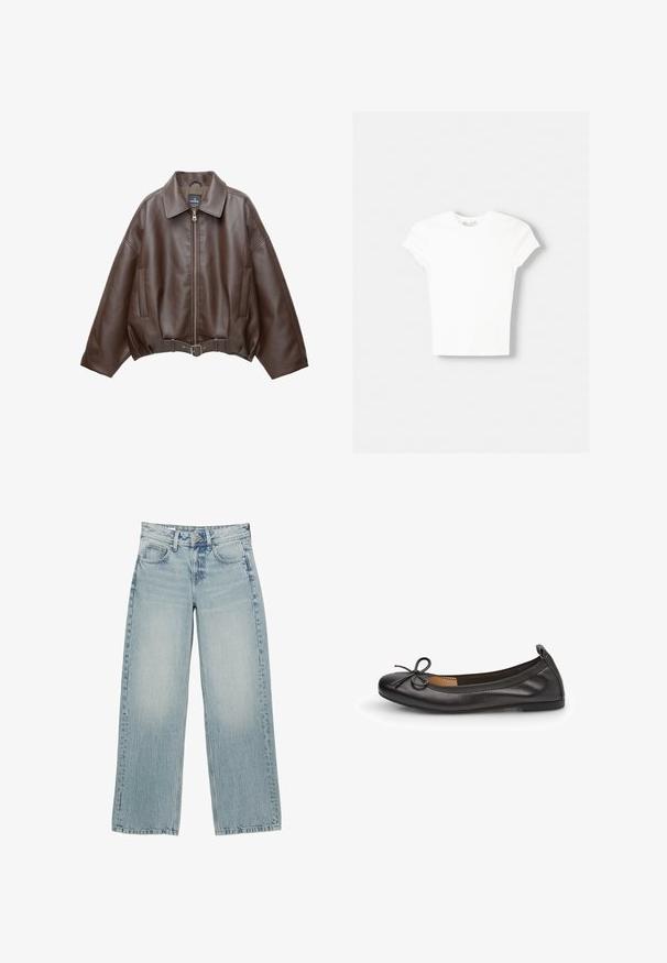 Braune, kurz geschnittene Jacke aus Kunstleder mit weitem Kragen, vorderem Reißverschluss, Seitentaschen und einem Taillengürtel. Glatte Textur, entspannte Passform.; Weißes kurzärmliges T-Shirt aus weicher Baumwolle, mit Rundhalsausschnitt und figurbetonter Form. Keine sichtbaren Muster oder Verzierungen.; Helle, blaue Denim-Hosen mit weitem Bein und hoher Taille, ausgestattet mit fünf Taschen, einem Knopfverschluss und dezentem Ausbleichen für einen getragenen Effekt.; Schwarze Leder-Ballettschuhe mit runder Zehenform, schmalem Schleifendetail an der Vorderseite und elastischem Rand für einen sicheren Sitz. Flache Sohle für besonderen Komfort.