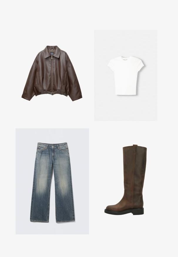 Veste courte en similicuir marron avec un large col, une fermeture éclair frontale, des poches latérales et une taille ceinturée. Texture lisse, coupe décontractée.; T-shirt blanc à manches courtes en coton doux, avec un col rond et une coupe ajustée. Pas de motifs ni d'ornements visibles.; Jean large bleu clair en denim. Zones délavées sur les cuisses et les genoux. Taille standard avec cinq poches et accents métalliques.; Botte en cuir marron, montant jusqu'au genou, avec un bout arrondi, une texture lisse et une semelle plate et épaisse. Présente un design simple et minimaliste avec des accents de couture.