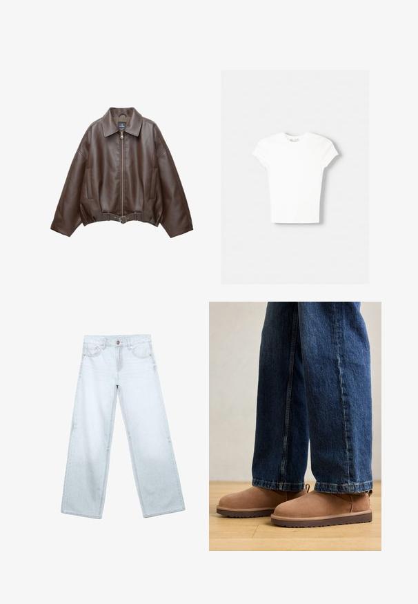 Veste courte en similicuir marron avec un large col, une fermeture éclair frontale, des poches latérales et une taille ceinturée. Texture lisse, coupe décontractée.; T-shirt blanc à manches courtes en coton doux, avec un col rond et une coupe ajustée. Pas de motifs ni d'ornements visibles.; Jean large à jambes larges bleu clair avec poches frontales, passants de ceinture et fermeture par bouton sur fond blanc.; Bottines en daim marron avec une semelle plate, un bout arrondi et une petite languette, associées à un jean en denim bleu de coupe droite.