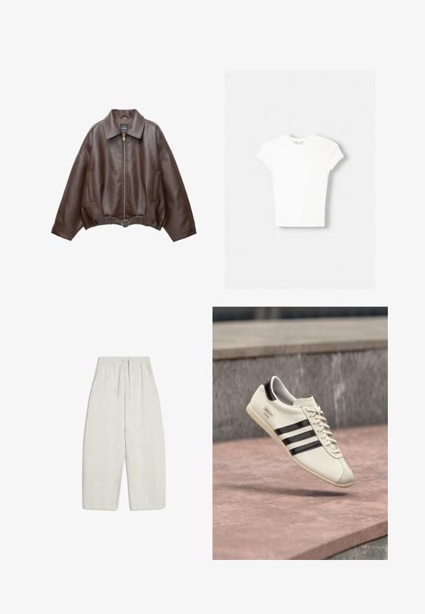 Veste courte en similicuir marron avec un large col, une fermeture éclair frontale, des poches latérales et une taille ceinturée. Texture lisse, coupe décontractée.; T-shirt blanc à manches courtes en coton doux, avec un col rond et une coupe ajustée. Pas de motifs ni d'ornements visibles.; Pantalon de survêtement gris clair, à taille large, confectionné dans un mélange de coton doux, avec une ceinture élastique munie d'un cordon ajustable et des poches latérales.; Baskets blanches Adidas avec des rayures noires et une semelle beige, flottant au-dessus d'une surface en béton rosâtre et d'un fond en pierre grise.