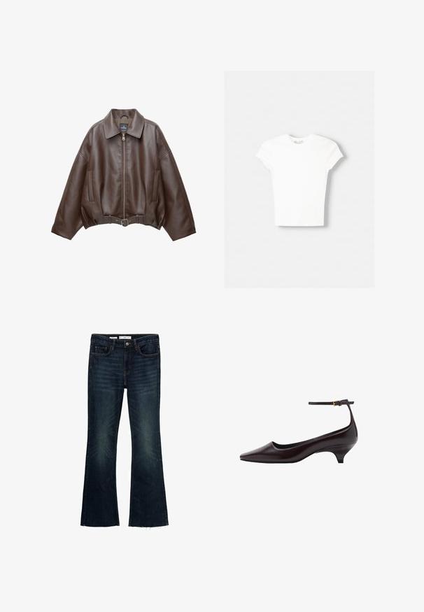Braune, kurz geschnittene Jacke aus Kunstleder mit weitem Kragen, vorderem Reißverschluss, Seitentaschen und einem Taillengürtel. Glatte Textur, entspannte Passform.; Weißes kurzärmliges T-Shirt aus weicher Baumwolle, mit Rundhalsausschnitt und figurbetonter Form. Keine sichtbaren Muster oder Verzierungen.; Ausgestellte dunkelblaue Denim-Jeans mit verblassten Akzenten, fünf Taschen und einem rohen Saum. Aus Baumwolle mit einem Knopfverschluss und Gürtelschlaufen gefertigt.; Dunkelbraunes, spitz zulaufendes Lederschuh mit Kitten-Heel, dünnem Knöchelriemen und kleiner goldener Schnalle.
