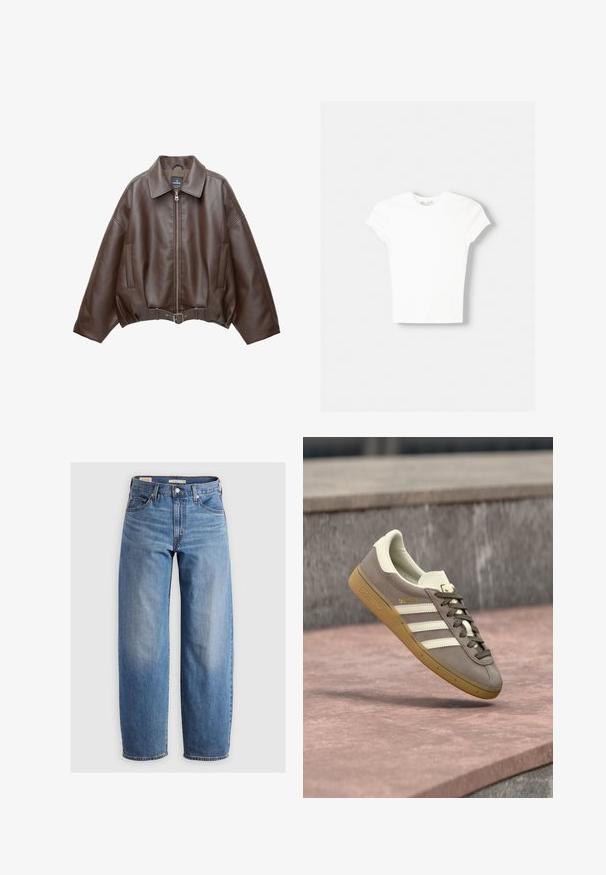 Bruine jack van imitatieleer, kort model, met een brede kraag, ritssluiting aan de voorkant, zijzakken en een tailleband met ceintuur. Gladde textuur, ontspannen pasvorm.; Witte t-shirt met korte mouwen van zachte katoen, met een ronde halslijn en een getailleerde vorm. Geen zichtbare patronen of versieringen.; Lichtblauwe rechte spijkerbroek van denim. Bevat een klassiek vijf-pocket ontwerp en subtiele vervaging langs de benen.; Lichtbruine suède Adidas sneaker met witte strepen en een rubberen zool, hangend boven roze stenen traptreden buiten.