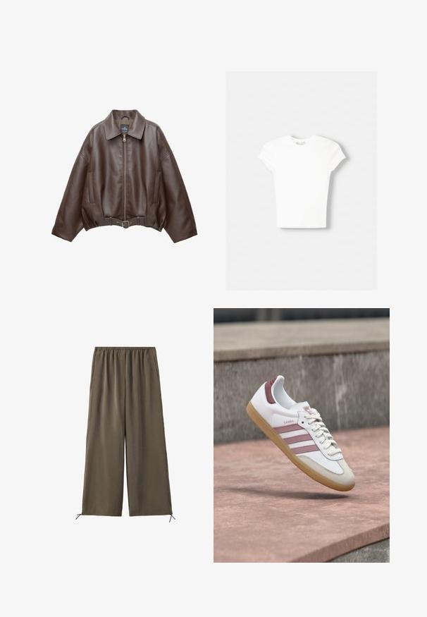 Veste courte en similicuir marron avec un large col, une fermeture éclair frontale, des poches latérales et une taille ceinturée. Texture lisse, coupe décontractée.; T-shirt blanc à manches courtes en coton doux, avec un col rond et une coupe ajustée. Pas de motifs ni d'ornements visibles.; Pantalon vert olive ample avec taille élastique et cordons au bas, présenté à plat sur fond blanc.; Baskets blanches et roses Adidas Samba avec semelle en gomme flottant au-dessus d'une surface en pierre et un mur en pierre flou en arrière-plan.