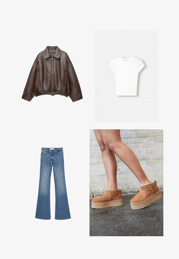 Veste courte en similicuir marron avec un large col, une fermeture éclair frontale, des poches latérales et une taille ceinturée. Texture lisse, coupe décontractée.; T-shirt blanc à manches courtes en coton doux, avec un col rond et une coupe ajustée. Pas de motifs ni d'ornements visibles.; Jean en denim bleu taille haute avec jambes évasées, fermeture par bouton et zip, poches avant et arrière, présenté sur un fond blanc.; Bottines en suède marron avec une doublure en peluche, semelle épaisse en beige et une poignée à l'arrière. Surface texturée avec des détails de couture visibles.