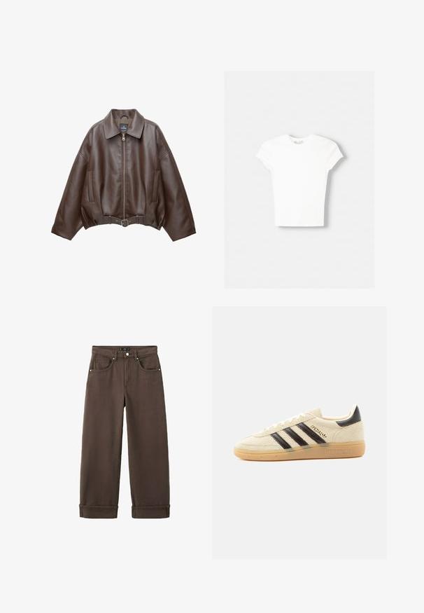Veste courte en similicuir marron avec un large col, une fermeture éclair frontale, des poches latérales et une taille ceinturée. Texture lisse, coupe décontractée.; T-shirt blanc à manches courtes en coton doux, avec un col rond et une coupe ajustée. Pas de motifs ni d'ornements visibles.; Jean marron taille haute à jambe droite avec poches avant, passants de ceinture, fermeture par bouton et ourlets retroussés.; Baskets en daim crème avec des rayures noires, semelle en gomme, languette noire au talon et texte doré "SPEZIAL" sur le côté.
