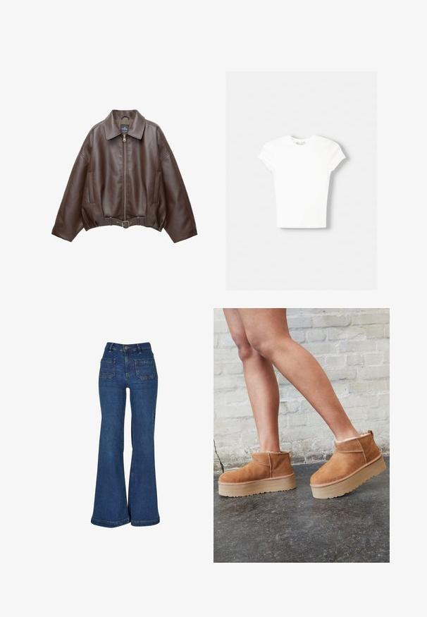 Bruine jack van imitatieleer, kort model, met een brede kraag, ritssluiting aan de voorkant, zijzakken en een tailleband met ceintuur. Gladde textuur, ontspannen pasvorm.; Witte t-shirt met korte mouwen van zachte katoen, met een ronde halslijn en een getailleerde vorm. Geen zichtbare patronen of versieringen.; Blauwe denim jeans met een hoge taille, brede wijde pijpen, voorvakken met inzetstukken, riemlussen en een knoopsluiting.; Bruine suède enkelboots met een zachte voering, dikke beige plateauzool en een achterste lus. Getextureerde oppervlakte met zichtbare stiksels.