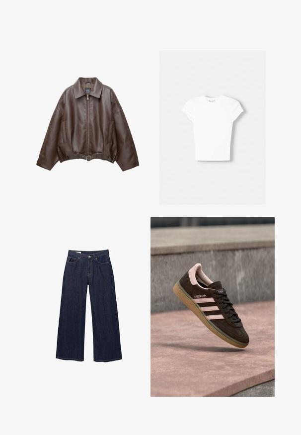 Veste courte en similicuir marron avec un large col, une fermeture éclair frontale, des poches latérales et une taille ceinturée. Texture lisse, coupe décontractée.; T-shirt blanc à manches courtes en coton doux, avec un col rond et une coupe ajustée. Pas de motifs ni d'ornements visibles.; Jean en denim bleu foncé à jambes larges avec poches avant, passants pour ceinture et fermeture à bouton.; Baskets en suède brun foncé avec des accents roses, présentant trois bandes roses, une semelle texturée et un logo sur le côté. Design classique à profil bas.