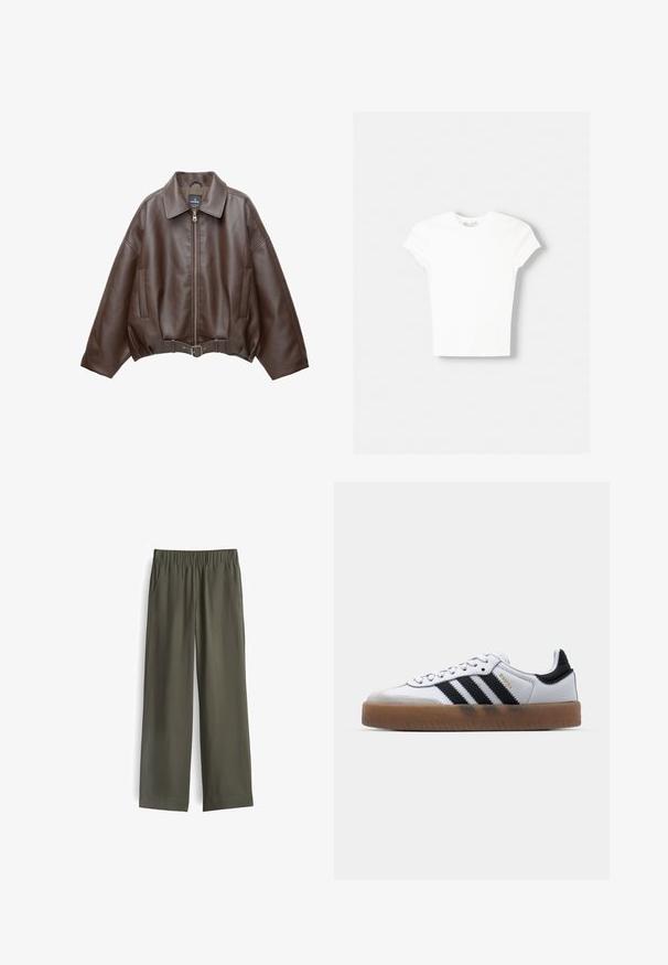 Braune, kurz geschnittene Jacke aus Kunstleder mit weitem Kragen, vorderem Reißverschluss, Seitentaschen und einem Taillengürtel. Glatte Textur, entspannte Passform.; Weißes kurzärmliges T-Shirt aus weicher Baumwolle, mit Rundhalsausschnitt und figurbetonter Form. Keine sichtbaren Muster oder Verzierungen.; Olivgrüne, weit geschnittene Hose mit einem elastischen Bund und zwei vorderen Taschen. Glattes Gewebe mit minimaler Textur und einer lässigen Passform.; Weiße Leder Sneakers mit schwarzen Streifen, Gummigummi-Außensohle, runder Zehenform, Schnürverschluss und weichem grauem Wildleder-Zehenkappe.