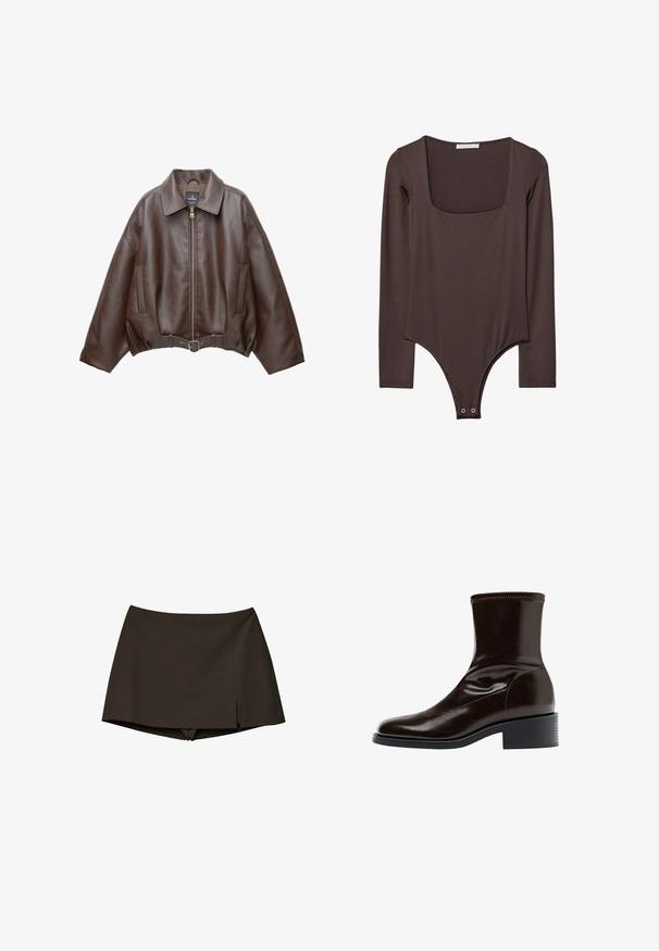 Veste courte en similicuir marron avec un large col, une fermeture éclair frontale, des poches latérales et une taille ceinturée. Texture lisse, coupe décontractée.; Bodysuit long à manches brunes avec décolleté carré et fermetures à pression à l'entrejambe, fabriqué à partir d'un tissu lisse et extensible.; Skort noir taille haute avec une petite fente latérale, combinant une jupe devant avec un short attaché en dessous pour une tenue active ou décontractée.; Bottine en cuir marron foncé avec bout carré, petit talon bloc et détail surpiqué autour du bord supérieur, vue de profil.