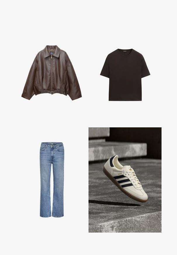 Veste courte en similicuir marron avec un large col, une fermeture éclair frontale, des poches latérales et une taille ceinturée. Texture lisse, coupe décontractée.; T-shirt en coton marron foncé uni à manches courtes avec un col rond, présenté à plat sur fond blanc.; Jean en denim bleu taille haute avec jambes droites, fermeture à bouton et zip à l'avant, et design à cinq poches.; Baskets blanches Adidas Samba avec des bandes noires et une semelle en gomme, flottant au-dessus de marches en béton gris texturé.