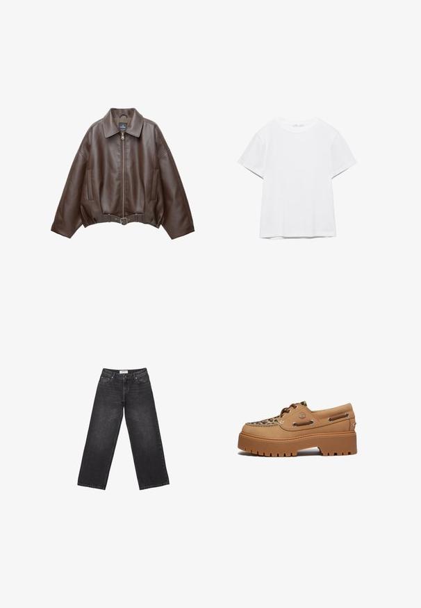 Bruine jack van imitatieleer, kort model, met een brede kraag, ritssluiting aan de voorkant, zijzakken en een tailleband met ceintuur. Gladde textuur, ontspannen pasvorm.; Effen wit T-shirt met korte mouwen en ronde hals, met een rechte zoom, gepresenteerd tegen een witte achtergrond.; Brede zwarte spijkerbroek met een donkere wassing, vijf zakken en een label op de tailleband. Gladde textuur met subtiele vervaging.; Timberland STONE STREET - Bootschoenen - medium beige