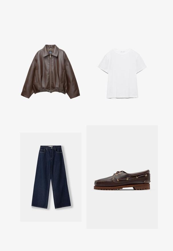 Veste courte en similicuir marron avec un large col, une fermeture éclair frontale, des poches latérales et une taille ceinturée. Texture lisse, coupe décontractée.; T-shirt blanc uni à manches courtes et col rond, avec un ourlet droit, présenté sur un fond blanc.; Jean en denim bleu foncé à jambes larges avec fermeture avant par bouton et zip, poches avant et passants pour ceinture, posé à plat sur un fond blanc.; Bateau en cuir marron avec des œillets dorés, des lacets ronds et une semelle en caoutchouc marron texturée. Présente des détails de couture et un logo en relief.