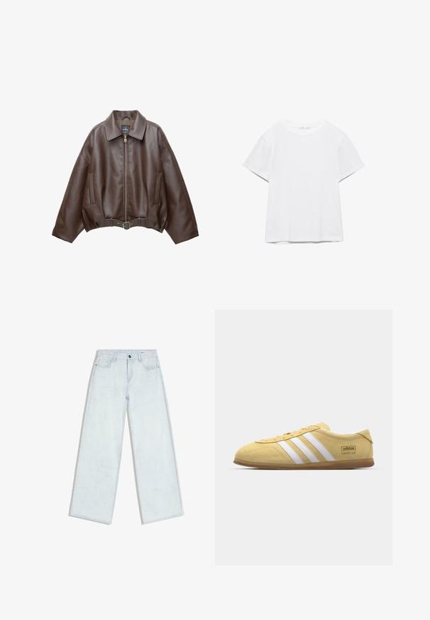 Bruine jack van imitatieleer, kort model, met een brede kraag, ritssluiting aan de voorkant, zijzakken en een tailleband met ceintuur. Gladde textuur, ontspannen pasvorm.; Effen wit T-shirt met korte mouwen en ronde hals, met een rechte zoom, gepresenteerd tegen een witte achtergrond.; Lichtblauwe wijde jeans met knopen en rits aan de voorkant, riemlussen en stijl met vijf zakken, plat gelegd op een witte achtergrond.; adidas Originals GAZELLE LO PRO W - Sneakers laag - almost yellow/footwear white