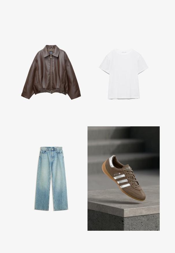 Bruine jack van imitatieleer, kort model, met een brede kraag, ritssluiting aan de voorkant, zijzakken en een tailleband met ceintuur. Gladde textuur, ontspannen pasvorm.; Effen wit T-shirt met korte mouwen en ronde hals, met een rechte zoom, gepresenteerd tegen een witte achtergrond.; Lichtblauwe denimjeans met een wijde pijp, middelhoge taille, vijf zakken, contrasterende stiknaad en minimale vervaging voor een klassieke uitstraling.; Bruine suède sneaker met witte strepen en zilveren accenten, voorzien van een getextureerde bovenkant, vetersluiting en een zool van gumrubber.