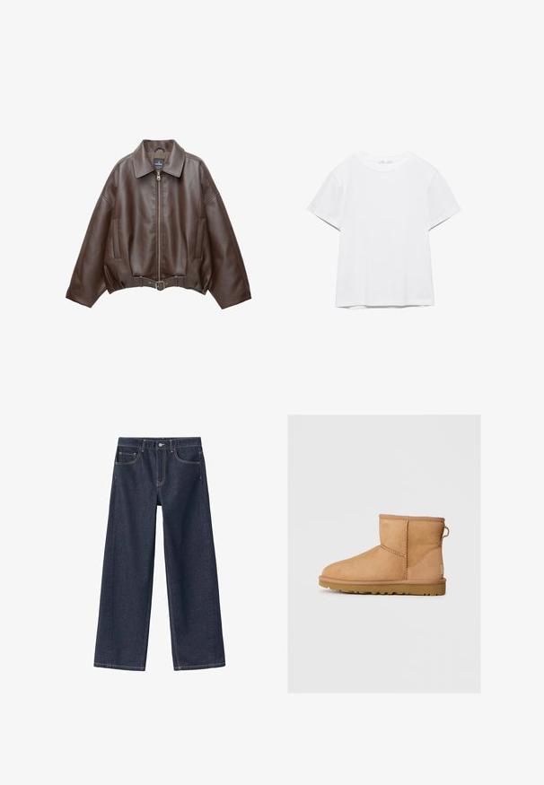 Veste courte en similicuir marron avec un large col, une fermeture éclair frontale, des poches latérales et une taille ceinturée. Texture lisse, coupe décontractée.; T-shirt blanc uni à manches courtes et col rond, avec un ourlet droit, présenté sur un fond blanc.; Pantalon en denim bleu foncé à jambes larges avec taille haute, coutures visibles, deux poches avant et bouton de fermeture à la taille.; Bottines en suède beige avec bout rond, détails cousus, tirant à l'arrière et semelle en caoutchouc texturé. Conçues pour le confort et la chaleur.
