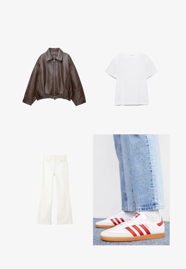 Veste courte en similicuir marron avec un large col, une fermeture éclair frontale, des poches latérales et une taille ceinturée. Texture lisse, coupe décontractée.; T-shirt blanc uni à manches courtes et col rond, avec un ourlet droit, présenté sur un fond blanc.; Pantalon blanc taille haute avec jambes évasées, bouton et fermeture éclair à l'avant, et deux poches à rabat avec boutons à la taille devant.; Baskets en cuir blanc avec des rayures et des accents rouges. Dotées d'une semelle extérieure en gomme texturée et d'un col rembourré. Portées avec un jean en denim bleu clair.