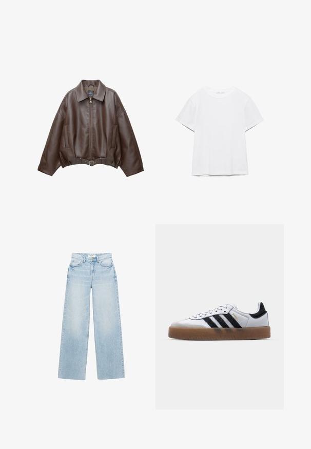 Veste courte en similicuir marron avec un large col, une fermeture éclair frontale, des poches latérales et une taille ceinturée. Texture lisse, coupe décontractée.; T-shirt blanc uni à manches courtes et col rond, avec un ourlet droit, présenté sur un fond blanc.; Jean large à lavage clair en denim. Caractérisé par une taille haute, cinq poches et une fermeture éclair avec bouton. Texture légèrement usée.; Baskets en cuir blanc avec des rayures noires, semelle extérieure en caoutchouc beige, bout rond, fermeture lacée et embout en suède gris doux.