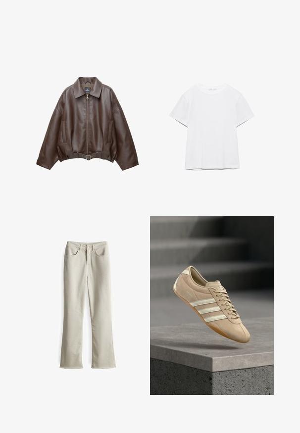 Bruine jack van imitatieleer, kort model, met een brede kraag, ritssluiting aan de voorkant, zijzakken en een tailleband met ceintuur. Gladde textuur, ontspannen pasvorm.; Effen wit T-shirt met korte mouwen en ronde hals, met een rechte zoom, gepresenteerd tegen een witte achtergrond.; Beige, hoog getailleerde flared jeans met een gladde textuur, vijf-pocket ontwerp en rafelige zomen aan de onderkant, gemaakt van katoen.; Lichtbeige sneaker met drie witte horizontale strepen, bovenwerk van suède en een rubberen gumzool, met een logo aan de zijkant.