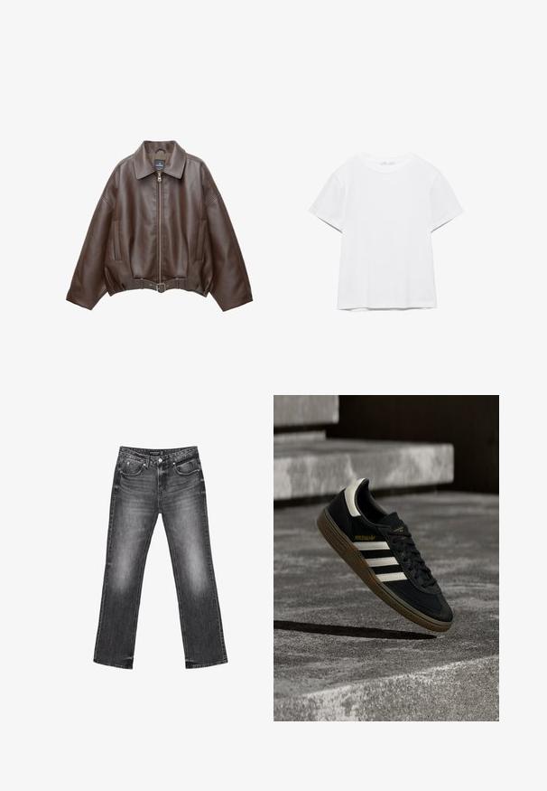 Brun kort jakke i imiteret læder med bred krave, lynlås foran, sidelommer og bælte i taljen. Glat tekstur, afslappet pasform.; Hvid, kortærmet T-shirt med rund hals og lige kant, vist på en hvid baggrund.; Sorte denim jeans med lige ben, falmet tekstur og fem lommer. Har bæltestropper og lynlås.; Sort Adidas-sneaker med hvide striber og gummisåler, svævende over grå betontrapper i naturligt lys.
