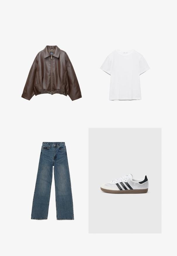 Bruine jack van imitatieleer, kort model, met een brede kraag, ritssluiting aan de voorkant, zijzakken en een tailleband met ceintuur. Gladde textuur, ontspannen pasvorm.; Effen wit T-shirt met korte mouwen en ronde hals, met een rechte zoom, gepresenteerd tegen een witte achtergrond.; Blauwe denim wijd uitgesneden jeans met een hoge taille, vijf zakken en contrasterende stiksels. Vervagingen en lichte slijtage zichtbaar op de stof.; Witte mesh sneaker met zwarte strepen, beige suède neuskapje en hielaccent, gestructureerde rubberen zool en witte veters. Klassiek ontwerp met lage schacht.