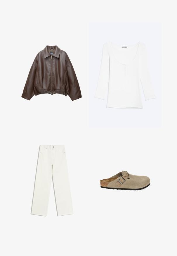 Bruine jack van imitatieleer, kort model, met een brede kraag, ritssluiting aan de voorkant, zijzakken en een tailleband met ceintuur. Gladde textuur, ontspannen pasvorm.; Wit shirt met lange mouwen, een ronde hals en een korte knoopsluiting op de borst, weergegeven tegen een effen lichte achtergrond.; Witte jeans met hoge taille en rechte pijpen, met voorzakken en een knoopsluiting op een witte achtergrond.; Beige suède klompen met een ronde neus, verstelbare band en gesp, kurken tussenzool en een gestructureerde zwarte rubberen zool voor voldoende grip.