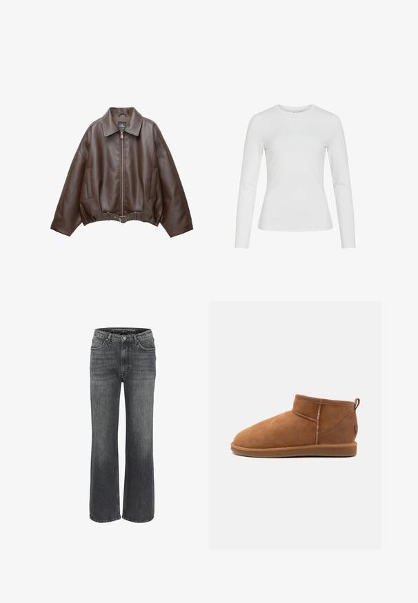 Bruine jack van imitatieleer, kort model, met een brede kraag, ritssluiting aan de voorkant, zijzakken en een tailleband met ceintuur. Gladde textuur, ontspannen pasvorm.; Witte nauwsluitende lange mouwen blouse met ronde hals, een gladde textuur en zonder zichtbare patronen of logo's, afgebeeld op een effen achtergrond.; Wijd uitgesneden jeans in donkergrijze denim, met een klassieke vijf-pocketontwerp, gestikte details en een knoopsluiting in de taille.; Bruine suède enkellaars met platte zool, zichtbare stiksels en een treklipje bij de hiel, zijaanzicht op een effen achtergrond.