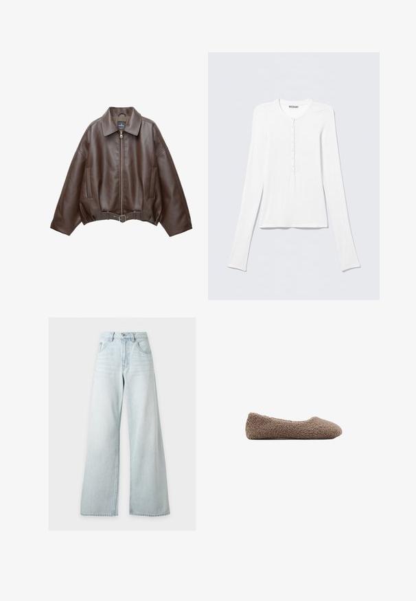 Bruine jack van imitatieleer, kort model, met een brede kraag, ritssluiting aan de voorkant, zijzakken en een tailleband met ceintuur. Gladde textuur, ontspannen pasvorm.; Wit Henley-shirt met lange mouwen, een ronde hals en een verticale rij kleine knopen middenvoor.; Lichtblauwe jeans met hoge taille en wijde pijpen, met voorste knoop en rits, voorzakken en riemlussen op een witte achtergrond.; Bruine, met fleece gevoerde ballerina met een ronde neus. Zachte textuur en naadloos ontwerp, met een low-profile silhouet. Geen zichtbare hardware.