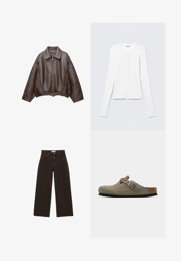 Bruine jack van imitatieleer, kort model, met een brede kraag, ritssluiting aan de voorkant, zijzakken en een tailleband met ceintuur. Gladde textuur, ontspannen pasvorm.; Wit Henley-shirt met lange mouwen, een ronde hals en een verticale rij kleine knopen middenvoor.; Donkerbruine, wijde spijkerbroek met knopen en ritssluiting aan de voorkant, voorzakken met klinknagels en riemlussen, plat gelegd op een witte achtergrond.; Suède klompen in licht olijfgroen met een gevormde kurk- en rubberen zool. Voorzien van een zijriem met een metalen gesp en een ronde neus.