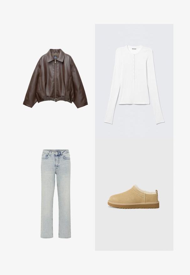 Braune, kurz geschnittene Jacke aus Kunstleder mit weitem Kragen, vorderem Reißverschluss, Seitentaschen und einem Taillengürtel. Glatte Textur, entspannte Passform.; Weißes Langarm-Henley-Shirt mit rundem Ausschnitt und einer vertikalen Reihe kleiner Knöpfe in der vorderen Mitte.; My Essential Wardrobe WIDE 05 THE LOUIS 139 - Jeans Relaxed Fit - light blue dirty wash; Suede Slipper in hellbraun, ausgestattet mit einem weichen Fellfutter und einer strukturierten Gummisole mit einem leichten Absatz sowie einer Zugschlaufe hinten für einfaches An- und Ausziehen.