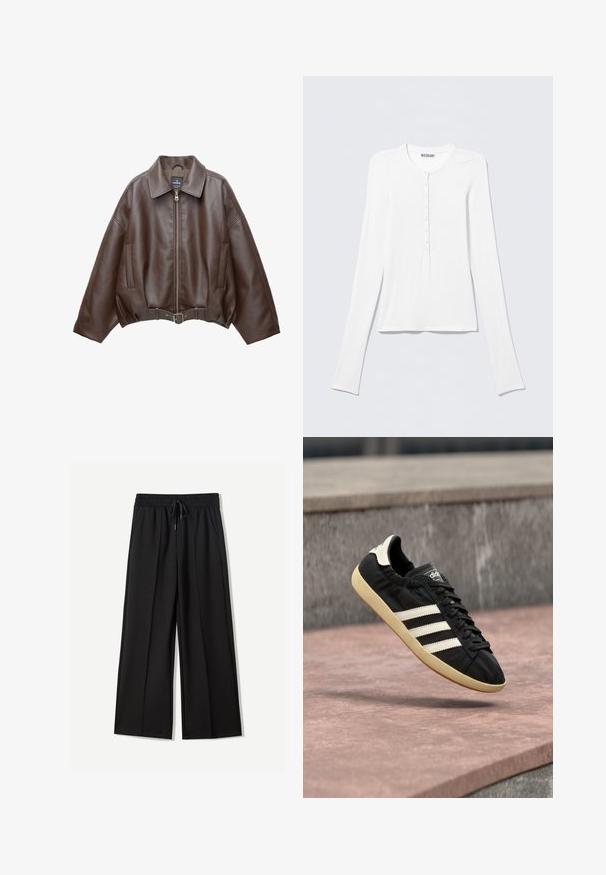 Bruine jack van imitatieleer, kort model, met een brede kraag, ritssluiting aan de voorkant, zijzakken en een tailleband met ceintuur. Gladde textuur, ontspannen pasvorm.; Wit Henley-shirt met lange mouwen, een ronde hals en een verticale rij kleine knopen middenvoor.; Zwarte wijde broek van zachte stof. Voorzien van een elastische tailleband met een trekkoord en twee zijzakken. Platte voorkant met plooien.; Zwarte Adidas sneaker met witte strepen en beige zool, vastgelegd in de lucht boven een stenen oppervlak en een stenen muur op de achtergrond.