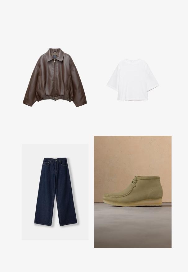 Veste courte en similicuir marron avec un large col, une fermeture éclair frontale, des poches latérales et une taille ceinturée. Texture lisse, coupe décontractée.; T-shirt blanc à manches courtes, coupe carrée, en coton doux. Présente un col rond et des manches larges, avec un design épuré et simple.; Jean en denim bleu foncé à jambes larges avec fermeture avant par bouton et zip, poches avant et passants pour ceinture, posé à plat sur un fond blanc.; Bottines en suédine beige avec un bout arrondi, des coutures minimales, un petit talon et un laçage pour un ajustement réglable.