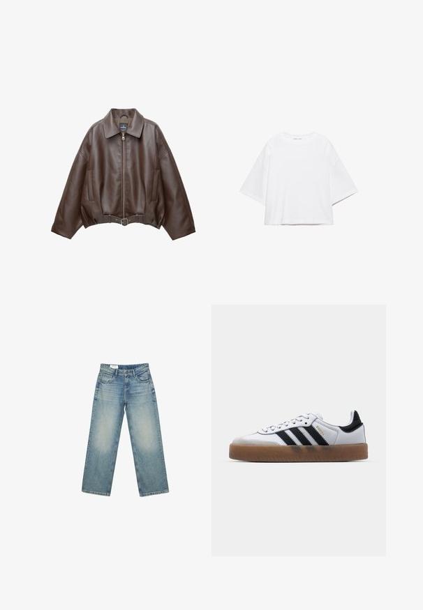 Veste courte en similicuir marron avec un large col, une fermeture éclair frontale, des poches latérales et une taille ceinturée. Texture lisse, coupe décontractée.; T-shirt blanc à manches courtes, coupe carrée, en coton doux. Présente un col rond et des manches larges, avec un design épuré et simple.; Jean en denim bleu clair à coupe droite avec poches avant, passants pour ceinture et fermeture par bouton, présenté sur un fond blanc.; Baskets en cuir blanc avec des rayures noires, semelle extérieure en caoutchouc beige, bout rond, fermeture lacée et embout en suède gris doux.