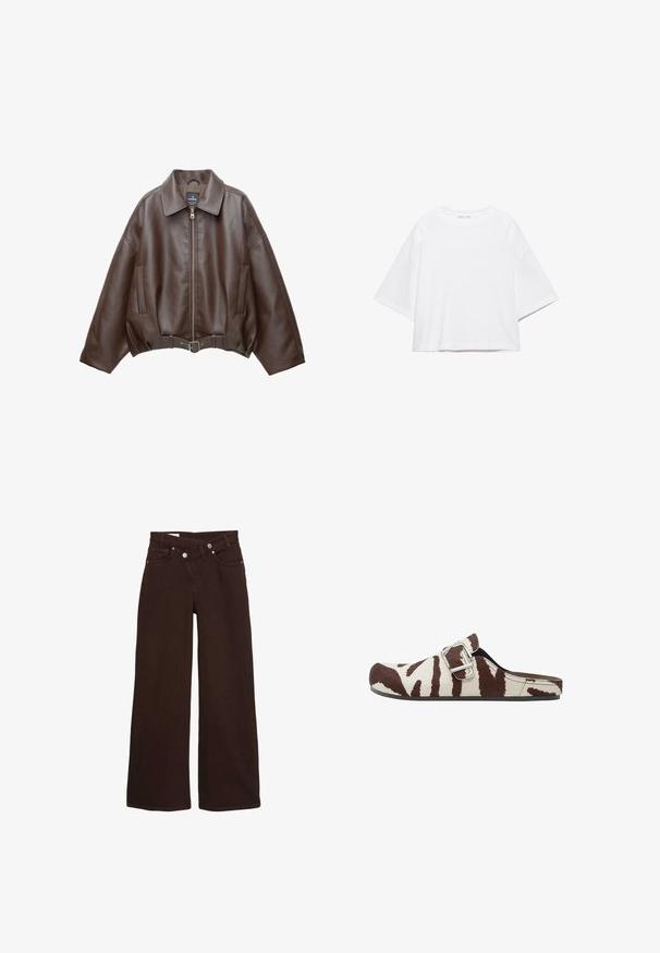 Veste courte en similicuir marron avec un large col, une fermeture éclair frontale, des poches latérales et une taille ceinturée. Texture lisse, coupe décontractée.; T-shirt blanc à manches courtes, coupe carrée, en coton doux. Présente un col rond et des manches larges, avec un design épuré et simple.; Jean taille haute, coupe large, couleur marron, avec fermeture éclair et bouton à l'avant, comprenant des poches avant et arrière.; Mule à enfiler avec imprimé zèbre marron et blanc, doté d'une bride avec boucle argentée et d'une semelle plate noire.