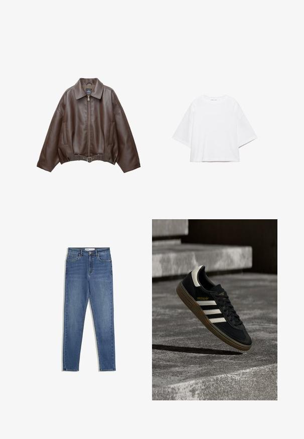 Braune, kurz geschnittene Jacke aus Kunstleder mit weitem Kragen, vorderem Reißverschluss, Seitentaschen und einem Taillengürtel. Glatte Textur, entspannte Passform.; Weißes, kurzärmeliges, kastiges T-Shirt aus weicher Baumwolle. Es verfügt über einen Rundhalsausschnitt und breite Ärmel mit einem klaren, schlichten Design.; Blaue Denim-Jeans mit hoher Taille, slim Fit, Fronttaschen, Reißverschluss und kontrastierenden Nähten. Strukturierte Gestaltung mit glatter Textur.; Schwarzer Adidas-Sneaker mit weißen Streifen und Gummisohle schwebt über grauen Betonstufen im natürlichen Licht.