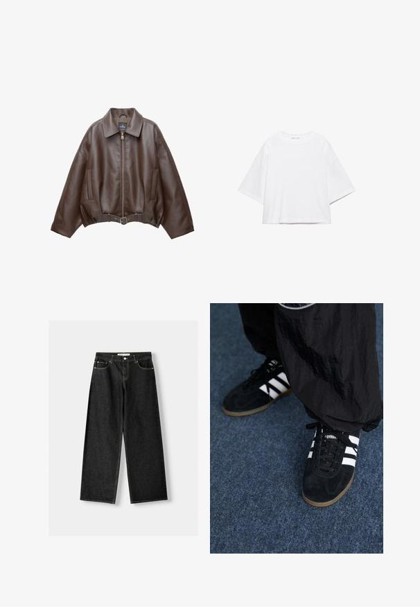 Bruine jack van imitatieleer, kort model, met een brede kraag, ritssluiting aan de voorkant, zijzakken en een tailleband met ceintuur. Gladde textuur, ontspannen pasvorm.; Wit, kort mouw, boxy t-shirt gemaakt van zacht katoen. Heeft een ronde hals en brede mouwen, met een strak, eenvoudig ontwerp.; Zwarte denim wijde jeans met vijf zakken, metalen knoop en ritsluiting, en contrasterende gele stiksels langs de naden.; Zwarte suède sportschoenen met drie witte strepen en zwarte veters. Een gestructureerde zwarte broek is deels zichtbaar naast de schoenen.