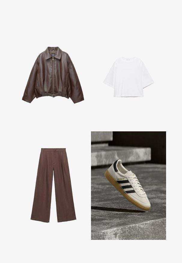 Veste courte en similicuir marron avec un large col, une fermeture éclair frontale, des poches latérales et une taille ceinturée. Texture lisse, coupe décontractée.; T-shirt blanc à manches courtes, coupe carrée, en coton doux. Présente un col rond et des manches larges, avec un design épuré et simple.; Pantalon marron taille haute à jambes larges, avec passants de ceinture et plis sur le devant, en tissu léger.; Baskets Adidas Spezial blanches avec des rayures noires et une semelle en gomme flottant au-dessus de marches en pierre grises à l'extérieur.