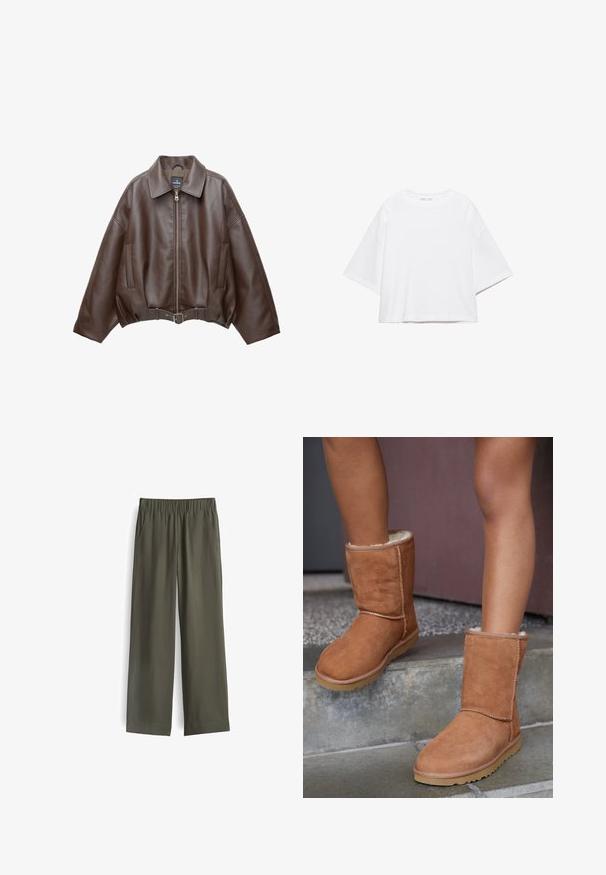 Bruine jack van imitatieleer, kort model, met een brede kraag, ritssluiting aan de voorkant, zijzakken en een tailleband met ceintuur. Gladde textuur, ontspannen pasvorm.; Wit, kort mouw, boxy t-shirt gemaakt van zacht katoen. Heeft een ronde hals en brede mouwen, met een strak, eenvoudig ontwerp.; Olijfgroene, wijde broek met een elastische tailleband en twee voorkeuzes. Soepele stof met een minimale textuur en een ontspannen pasvorm.; Bruine suède enkellaarsjes met een ronde neus, zachte voering en een rubberen zool, met zichtbaar stiksel langs de naden.