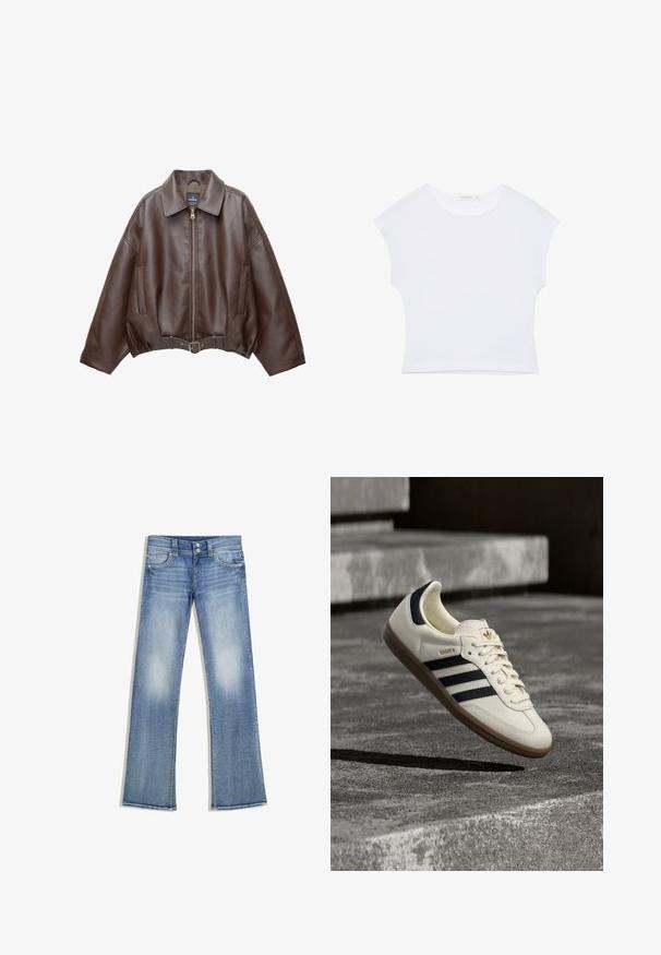 Brun kort jakke i imiteret læder med bred krave, lynlås foran, sidelommer og bælte i taljen. Glat tekstur, afslappet pasform.; Hvid kortærmet cropped T-shirt med rund halsudskæring, lavet af glat stof, lagt fladt på en hvid baggrund.; Lyseblå bootcut-jeans med falmet vask, fem lommer, bæltestropper og lukning med dobbelte knapper, lagt fladt ud på en hvid baggrund.; Hvid Adidas Samba sneaker med sorte striber og gummsål, svævende over teksturerede grå betonstrin.