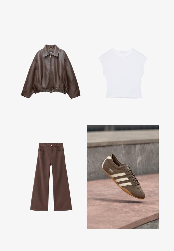 Brun kort jakke i imiteret læder med bred krave, lynlås foran, sidelommer og bælte i taljen. Glat tekstur, afslappet pasform.; Hvid kortærmet cropped T-shirt med rund halsudskæring, lavet af glat stof, lagt fladt på en hvid baggrund.; Brune brede jeans lavet af denim. Har fem lommer, lynlås og metalnitter. Glat tekstur og klassisk design.; Brun ruskindssneaker med hvide striber og branding, med rund tå og ydersål af gummibelagt gummi, hængende over en struktureret overflade.